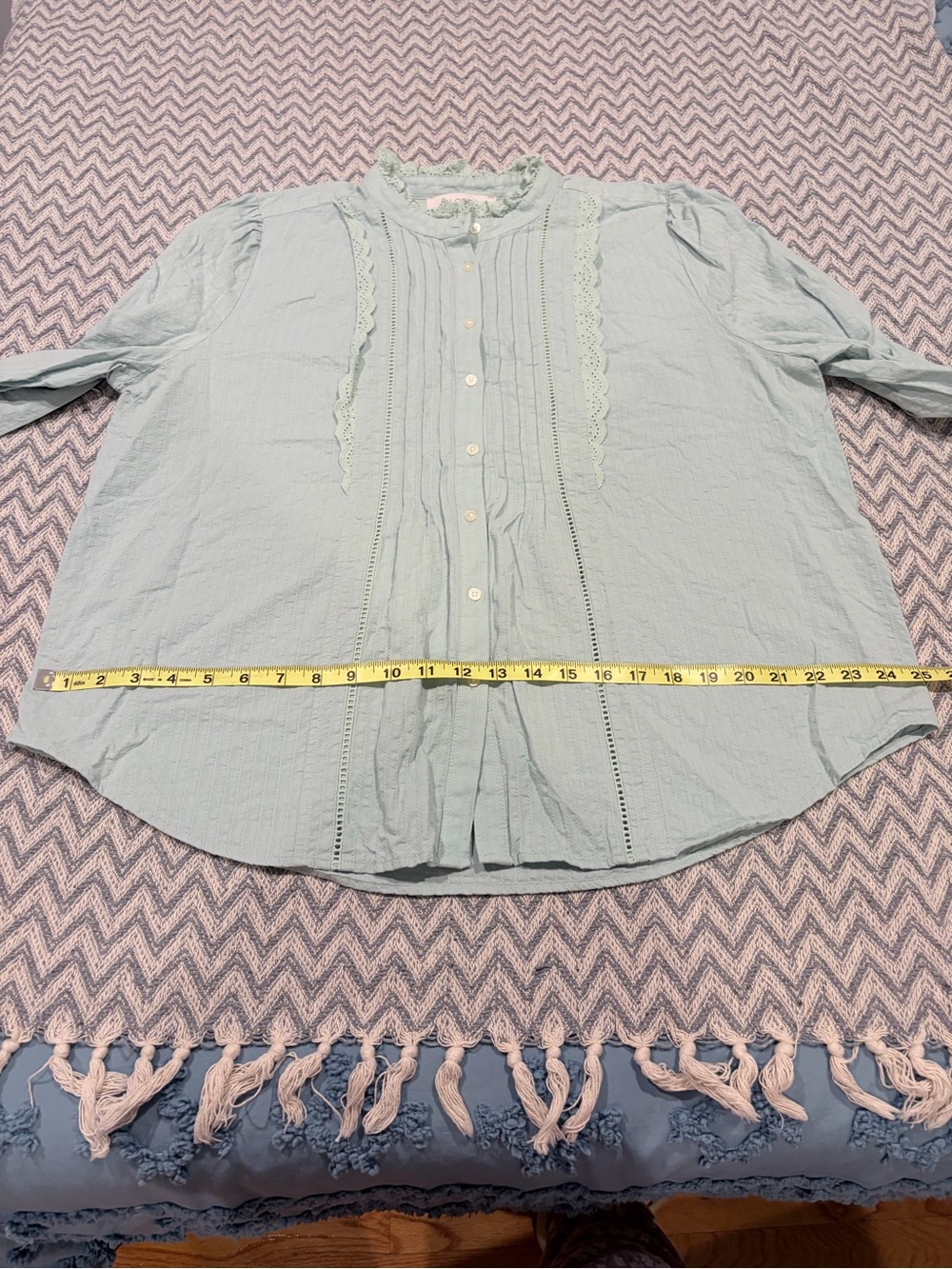 LOFT Mint Green Ruffled Pintuck Button-Down Blouse - Picture 8 of 9